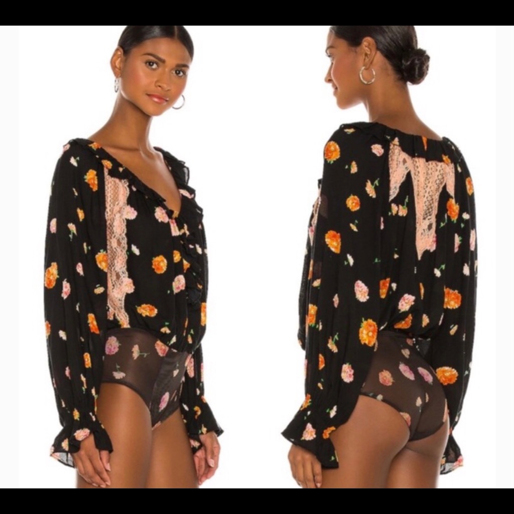 Nwt Free People Long Sleeve Bodysuit Floral Lace S